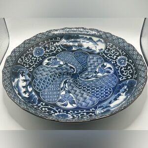 Vintage Japanese Imari Arita Cobalt Blue White Pictorial Porcelain Serving Bowl